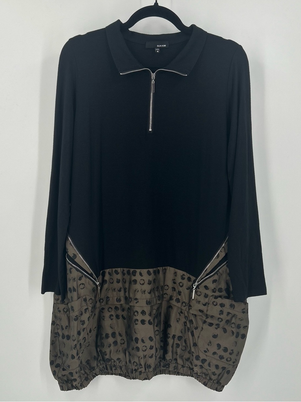 Sun Kim Mixed Media Quarter Zip Bubble Hem Tunic Dress Lagenlook M